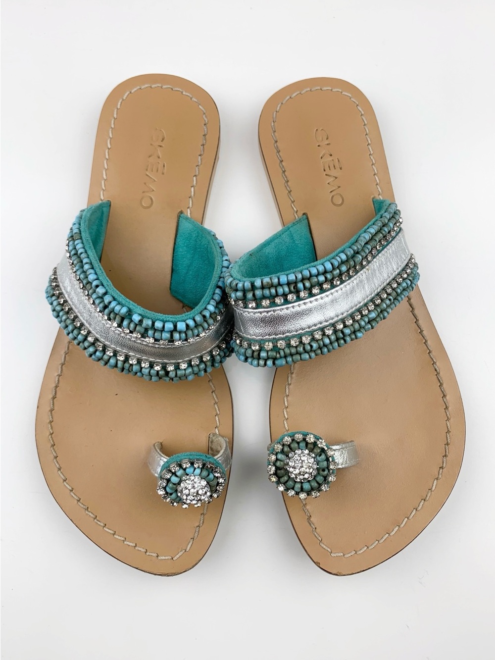 Skemo Sandals Beaded Rhinestones Toe Loop Flats Boho Blue Silver Women's 8